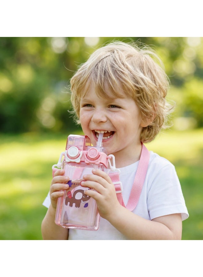 Kids Square Water Bottle with Dual Drinking Modes (Straw & Spout) – Leakproof School Cup with Adjustable Shoulder Strap – 580ml – Cute Cartoon Design